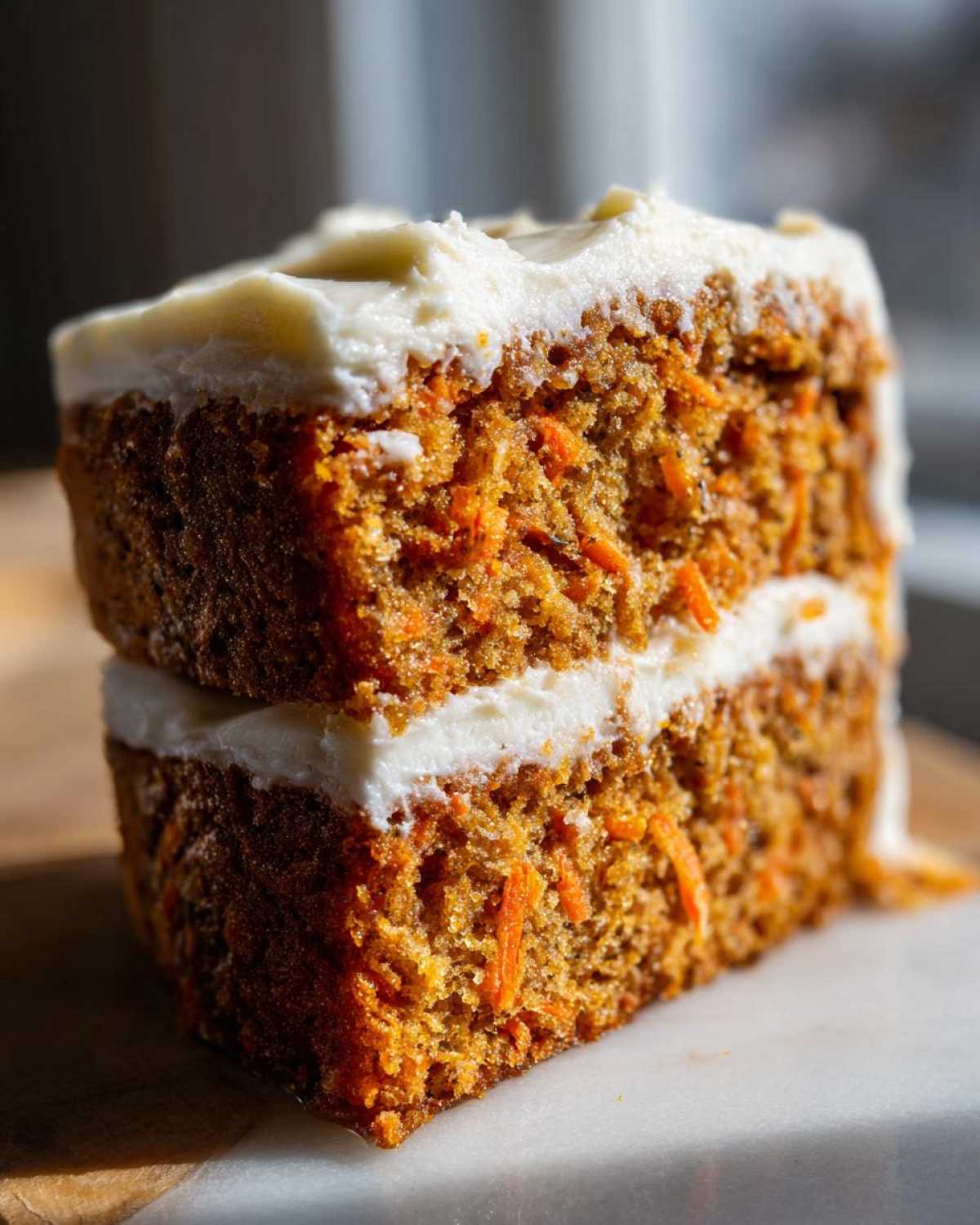 Close-up of a thick, moist slice of carrot cake recipe showing shredded carrots and cream cheese frosting layers.