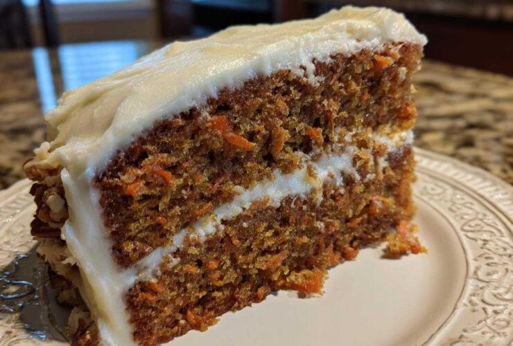 Close-up of a thick, moist slice of carrot cake recipe layered with cream cheese frosting and pecans.
