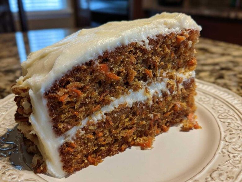 Close-up of a thick, moist slice of carrot cake recipe layered with cream cheese frosting and pecans.