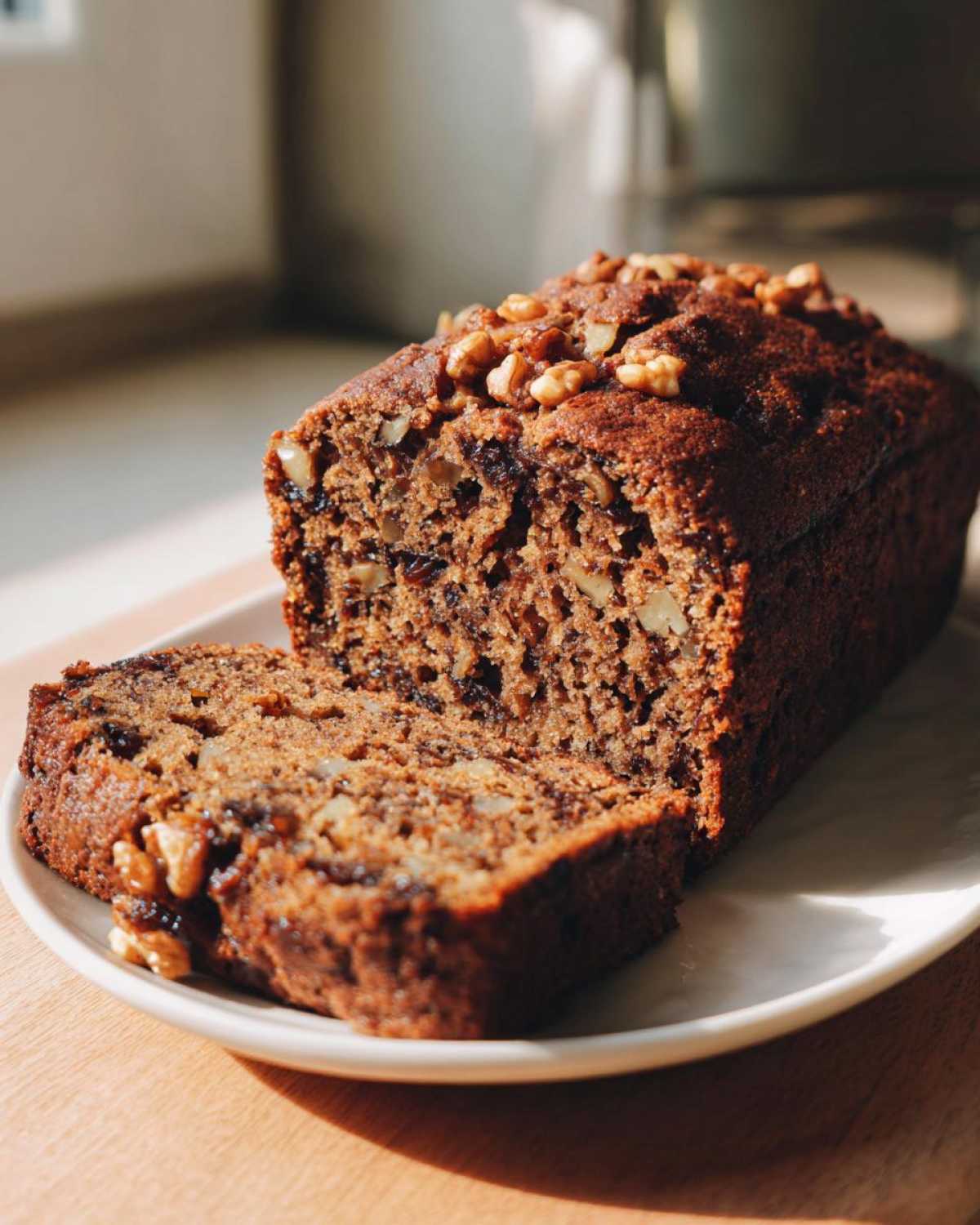 A freshly baked, moist date nut bread loaf, partially sliced, topped with walnuts.