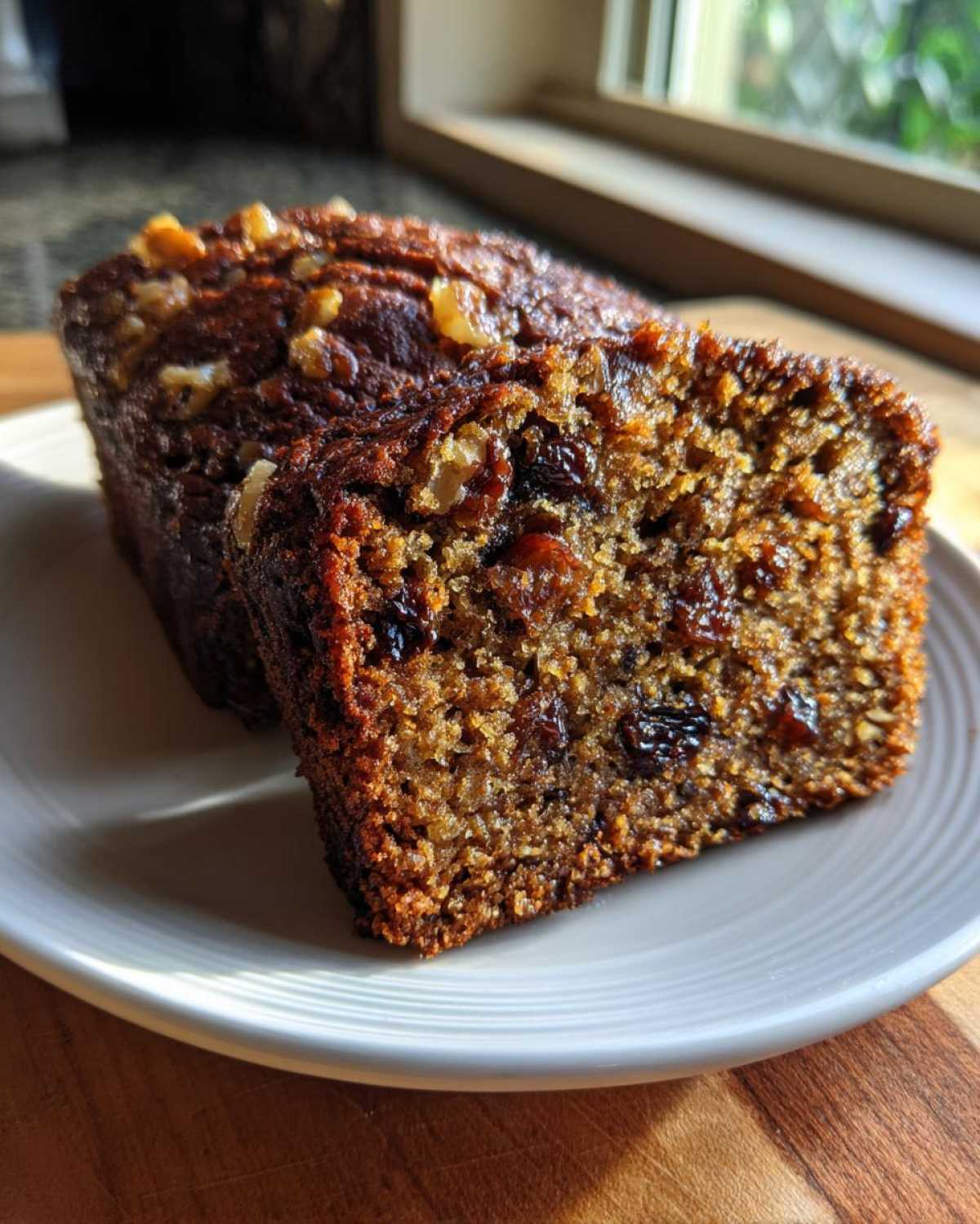 A moist slice of date nut bread showing raisins and walnuts, resting next to the main loaf on a white plate.