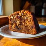 Close-up of a moist slice of date nut bread, rich brown in color, packed with dates and walnuts, served on a white plate.