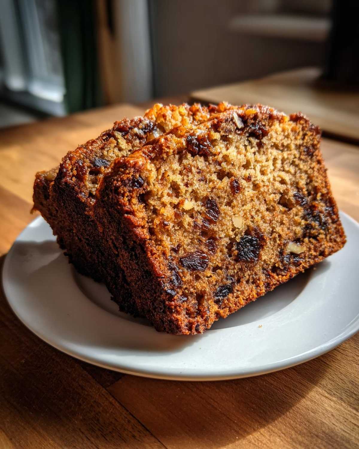 Two thick slices of moist date nut bread packed with raisins and nuts, served on a white plate.