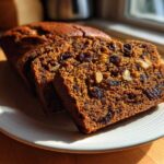 Close-up of moist date nut bread slices showing rich texture, dark raisins, and walnuts, served on a white plate.