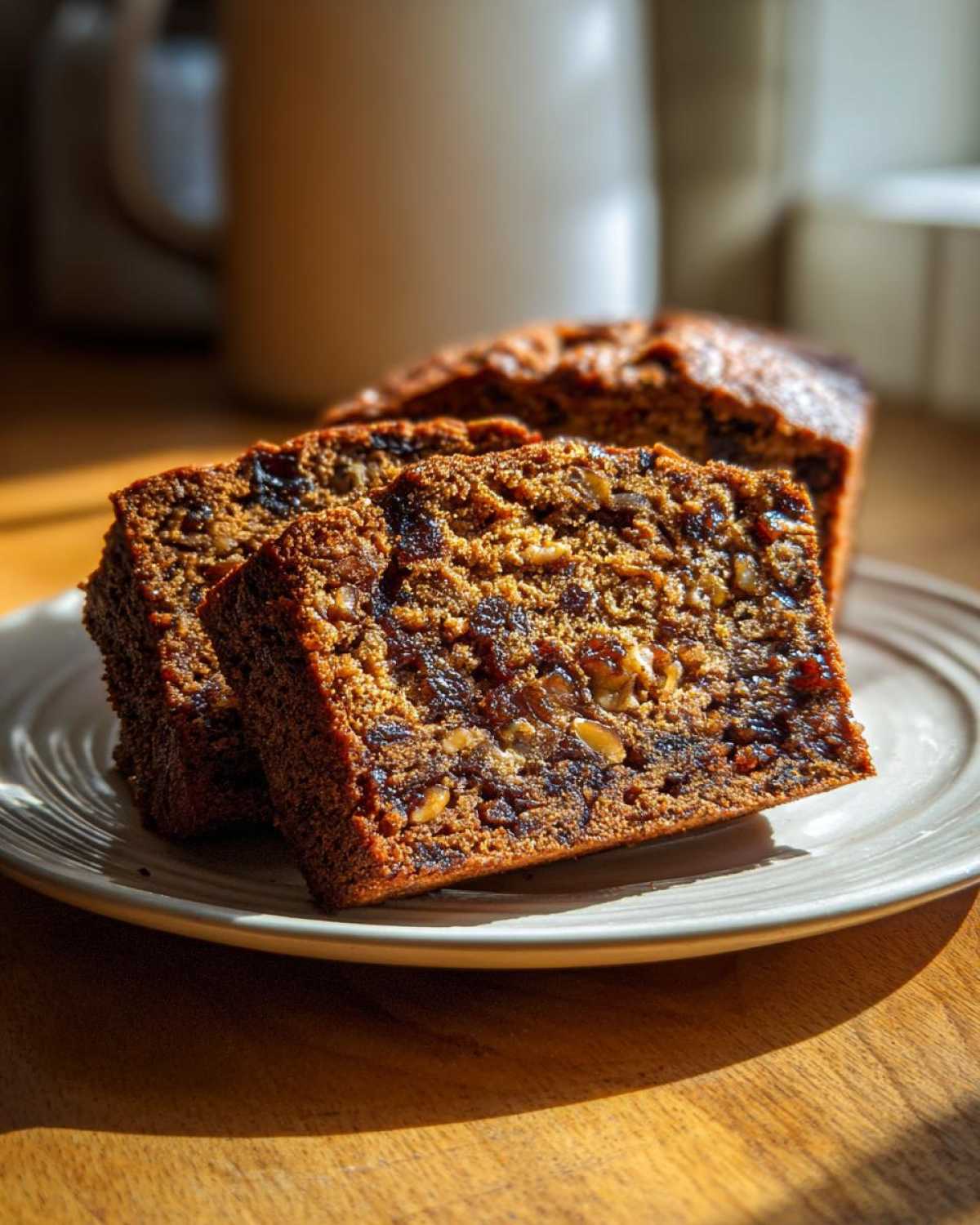 Close-up of moist slices of date nut bread, rich with visible dates and walnuts, served on a light plate.