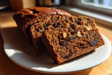 Close-up of moist date nut bread slices showing rich texture, dark raisins, and walnuts, served on a white plate.
