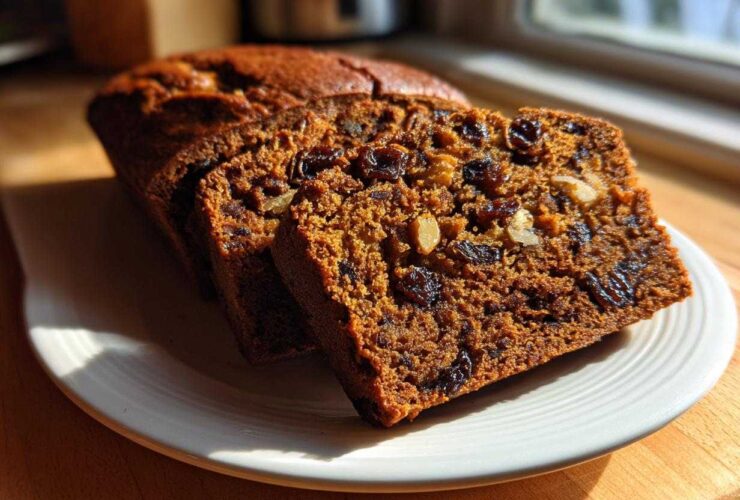 Close-up of moist date nut bread slices showing rich texture, dark raisins, and walnuts, served on a white plate.