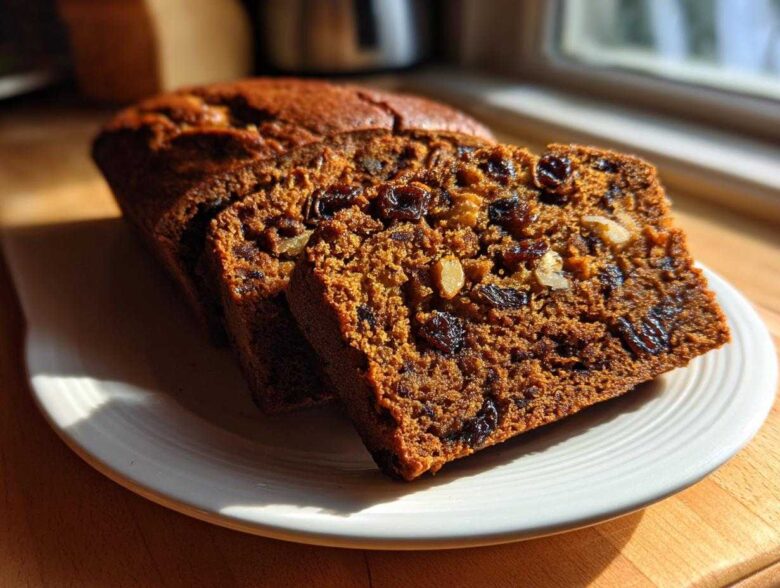 Close-up of moist date nut bread slices showing rich texture, dark raisins, and walnuts, served on a white plate.