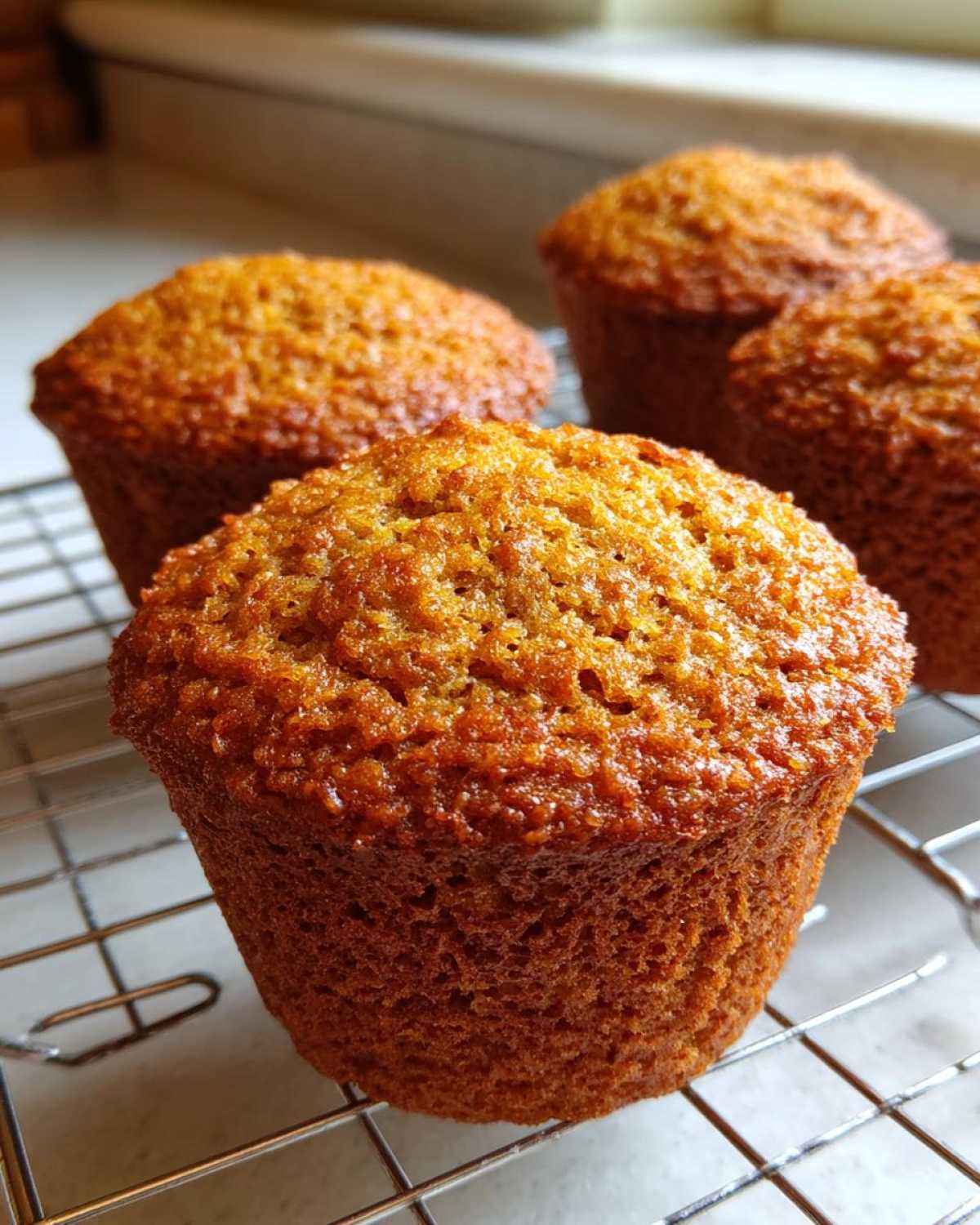Close-up of four golden brown, moist honey bran muffins cooling on a wire rack.