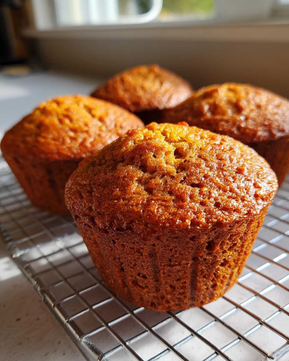 Close-up of several moist honey bran muffins cooling on a wire rack with sunlight highlighting their tops.