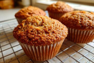 Close-up of four golden brown honey bran muffins cooling on a wire rack after baking.