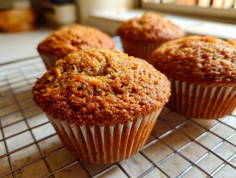 Close-up of four golden brown honey bran muffins cooling on a wire rack after baking.