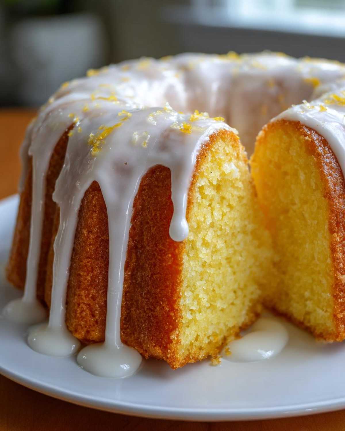 Close-up of a slice cut from a bundt-style lemon pound cake covered in thick white glaze and lemon zest.