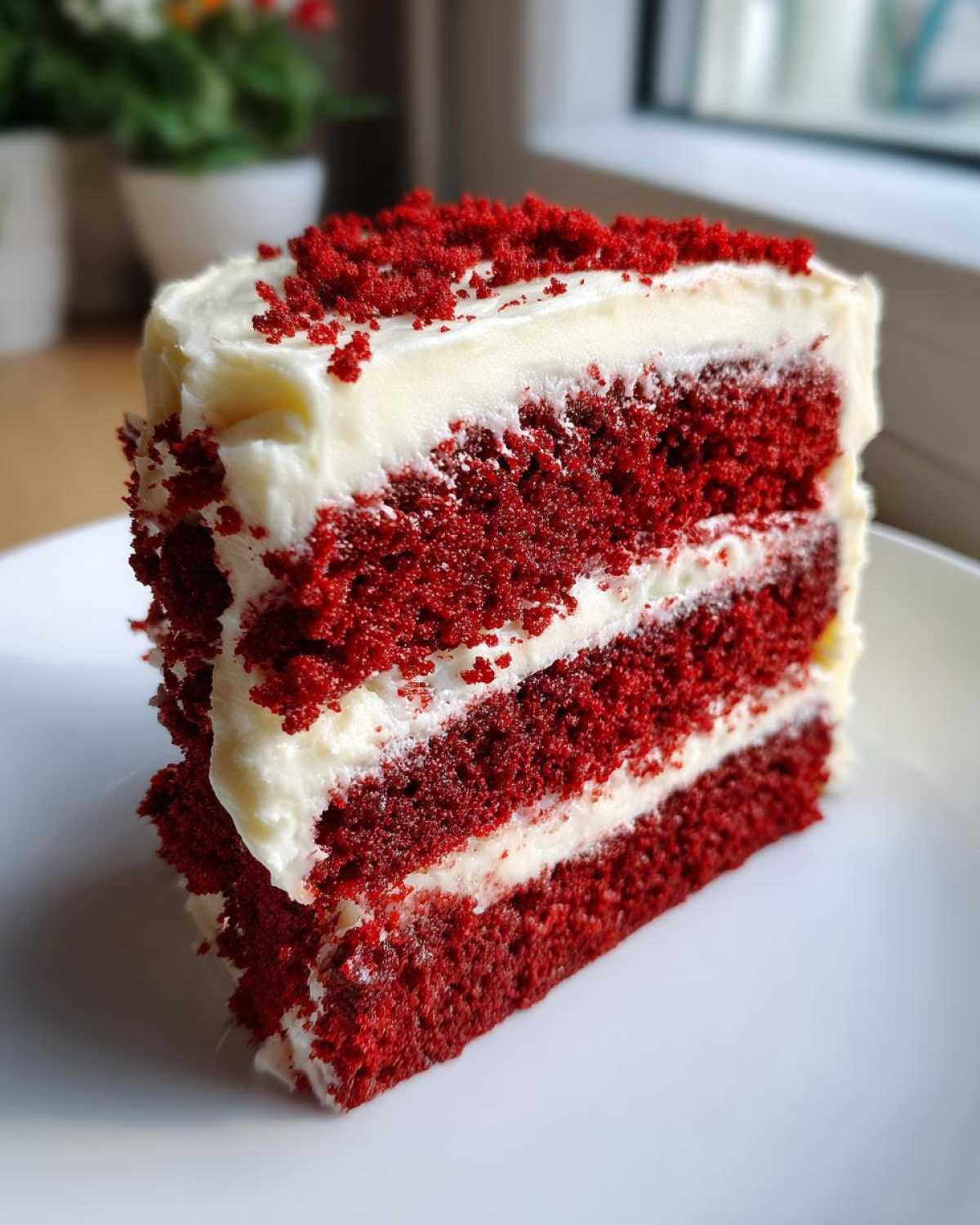 A tall, moist slice of red velvet cake layered with white cream cheese frosting and topped with red cake crumbs.