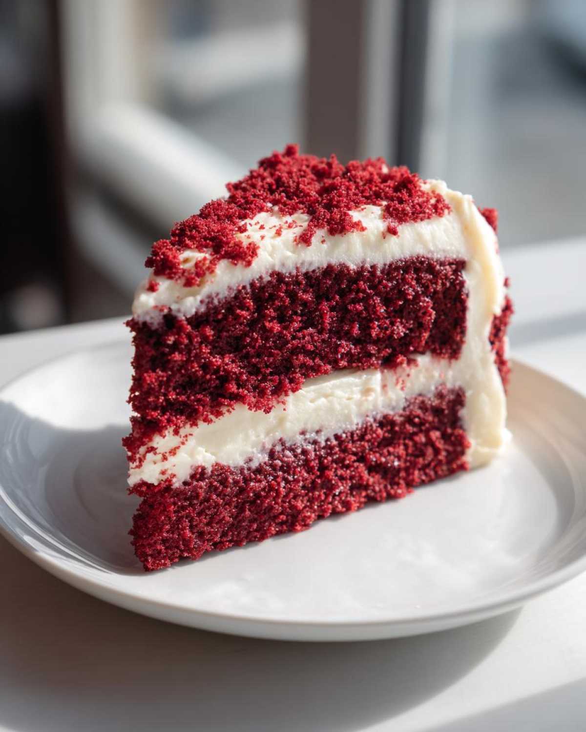 A perfect slice of moist red velvet cake layered with thick cream cheese frosting and topped with red cake crumbs.