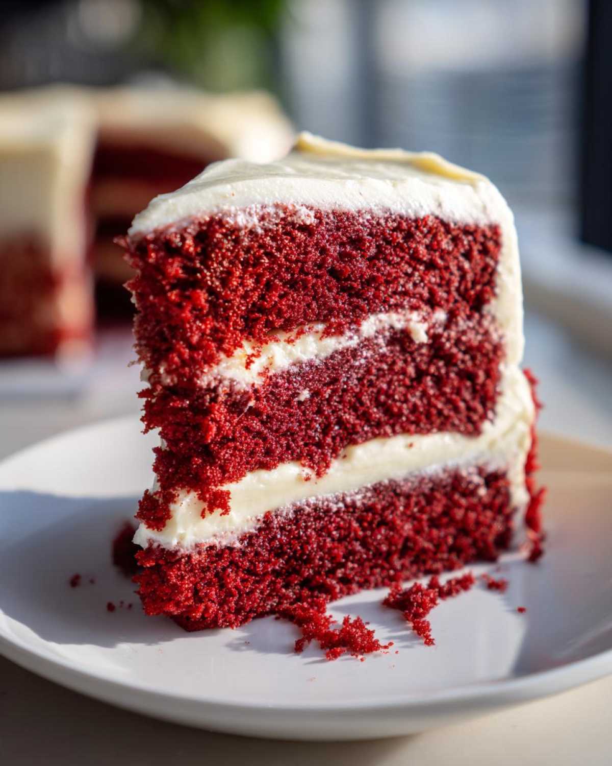 Close-up of a tall slice of moist red velvet cake layered with thick cream cheese frosting.