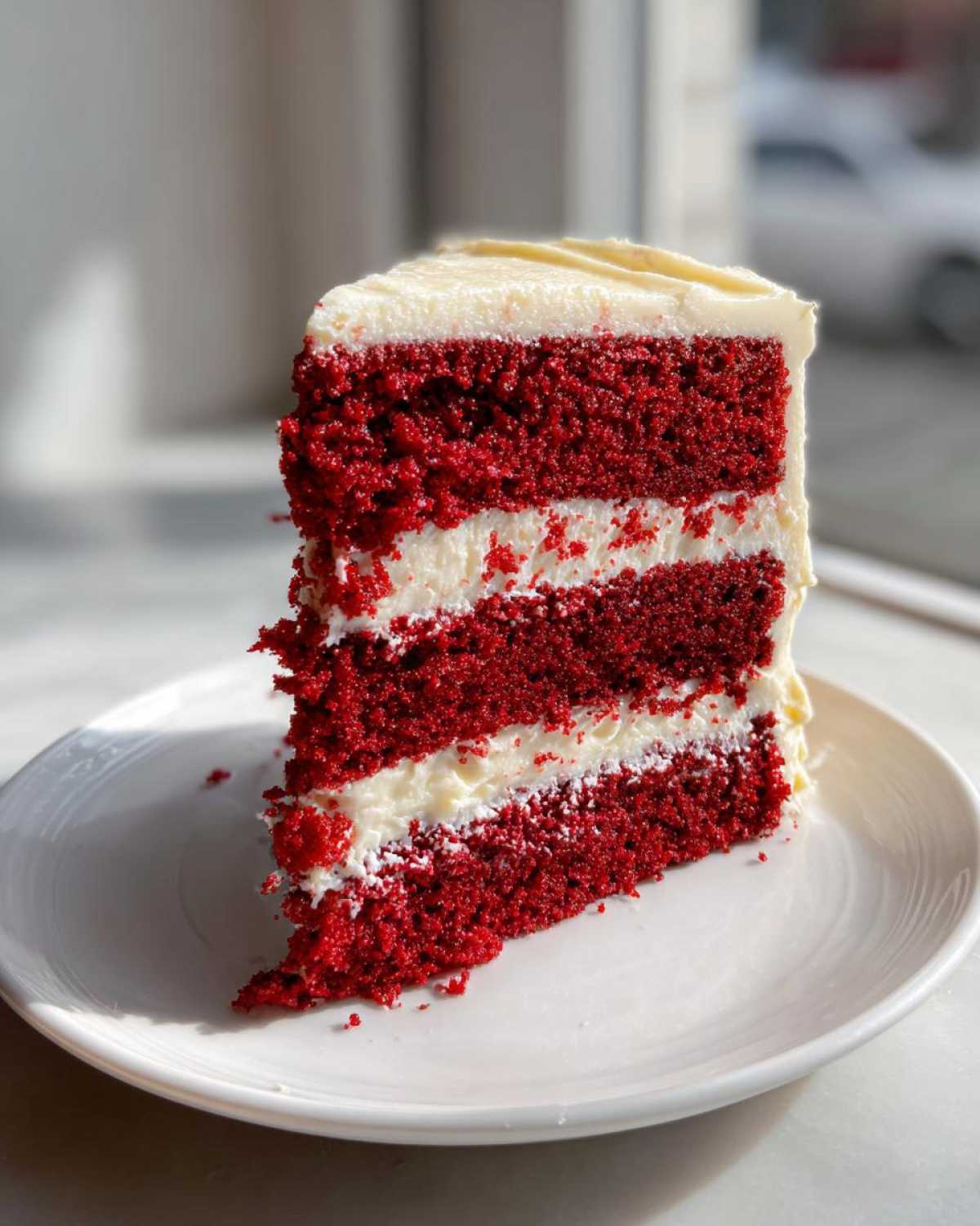 A perfect slice of moist red velvet cake showing three layers of deep red cake separated by thick white cream cheese frosting.