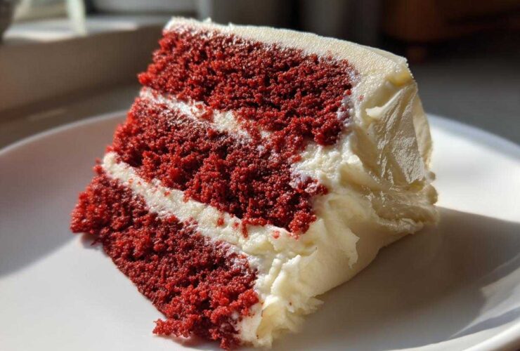 Close-up of a moist slice of red velvet cake featuring three layers of deep red cake separated by thick white cream cheese frosting.