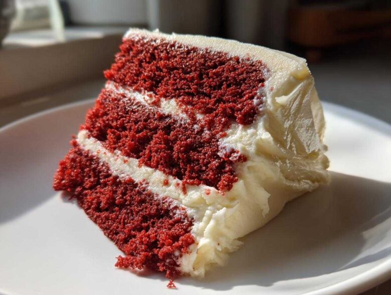 Close-up of a moist slice of red velvet cake featuring three layers of deep red cake separated by thick white cream cheese frosting.