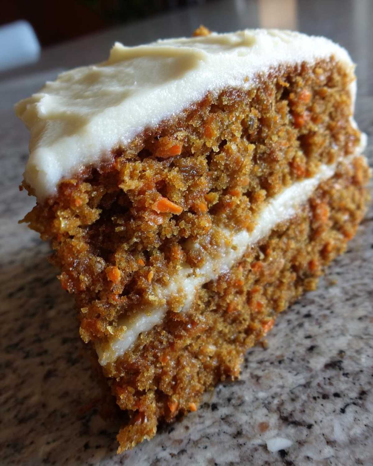 Close-up of a moist slice of carrot cake recipe showing visible shredded carrots and thick cream cheese frosting layers.