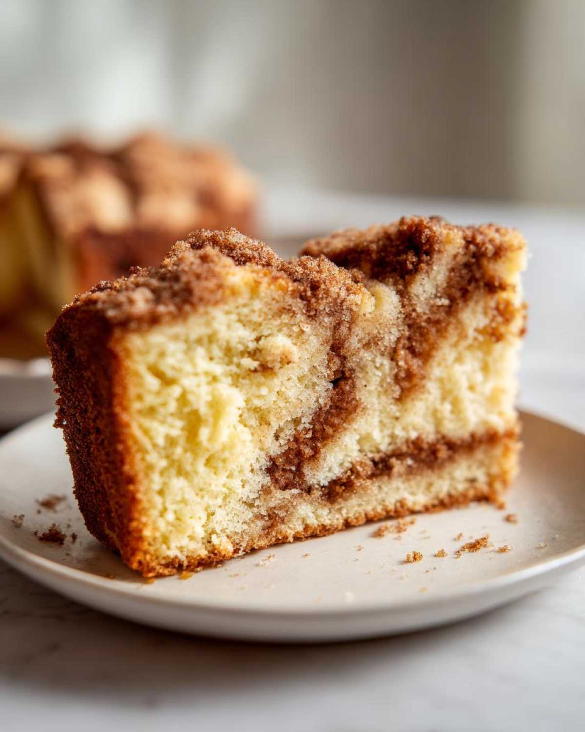 A close-up of a moist slice of sour cream coffee cake showing the cinnamon swirl and crumb topping.