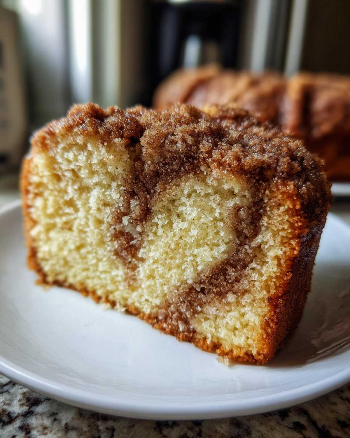 Close-up of a moist slice of sour cream coffee cake showing the marbled cinnamon swirl and thick streusel topping.