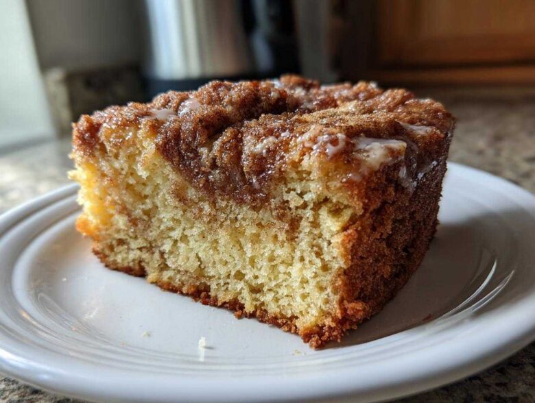 A close-up of a moist slice of sour cream coffee cake featuring a cinnamon swirl and light glaze.