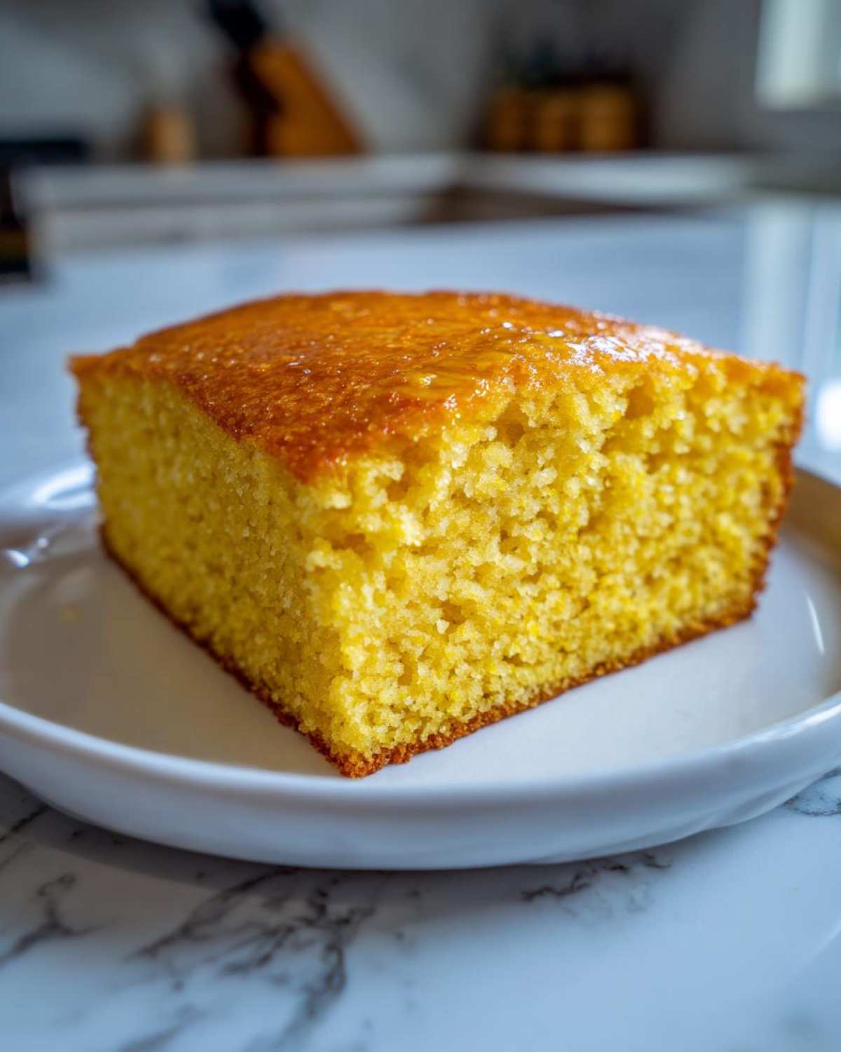 A close-up of a square slice of moist, yellow sourdough cornbread with a shiny glaze on top, served on a white plate.