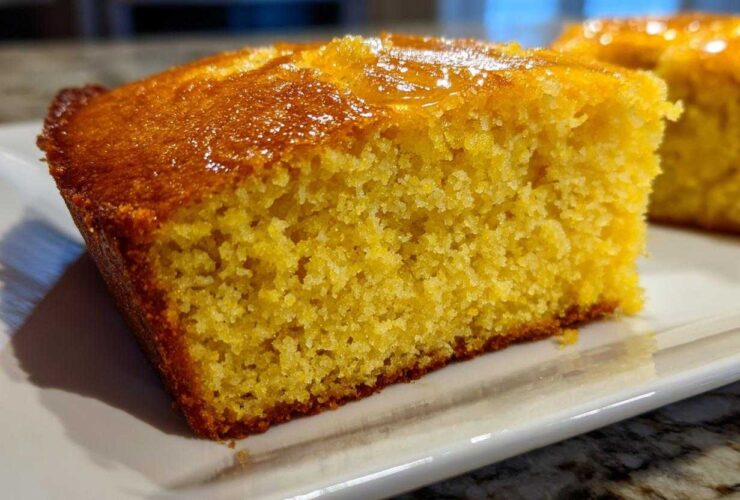 Close-up of a moist, golden slice of sourdough cornbread with a shiny glaze on top, served on a white plate.