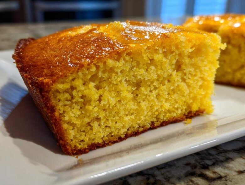 Close-up of a moist, golden slice of sourdough cornbread with a shiny glaze on top, served on a white plate.