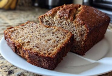 Close-up of a moist, dark-crusted sugar free banana bread loaf with one slice cut and resting beside it on a white plate.