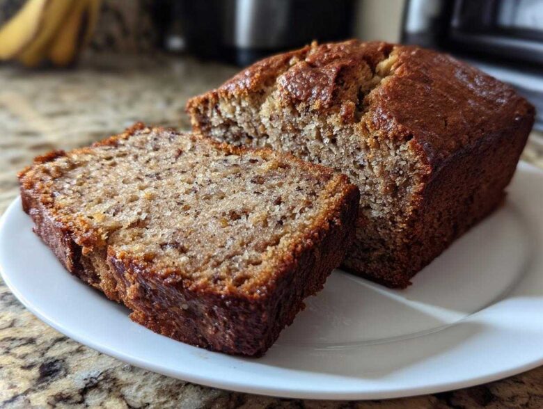 Close-up of a moist, dark-crusted sugar free banana bread loaf with one slice cut and resting beside it on a white plate.
