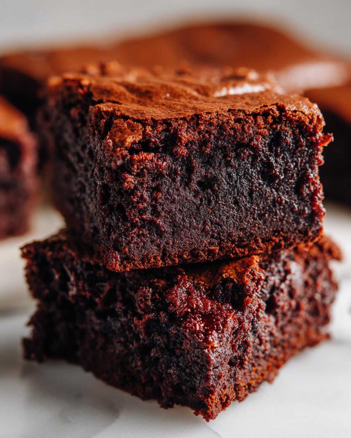 Two fudgy, dark chocolate sweet potato brownies stacked on a white surface.