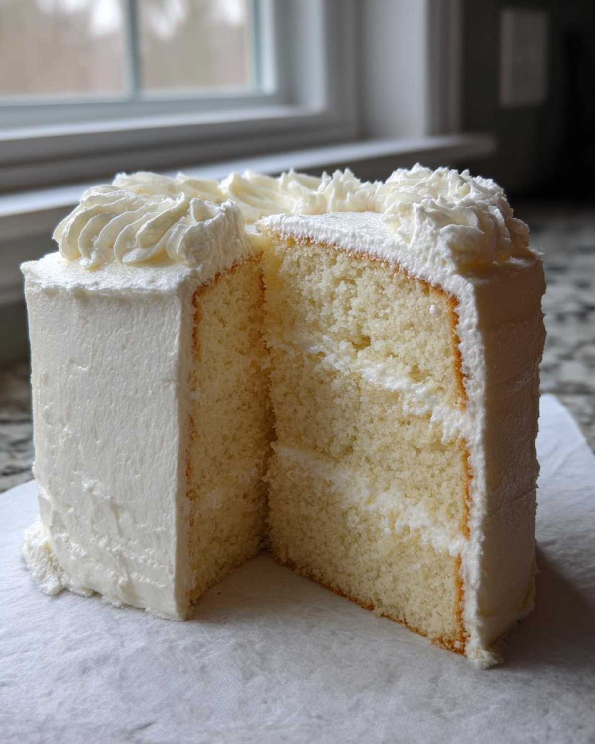Cross-section of a moist vanilla cake recipe showing two layers and white frosting.
