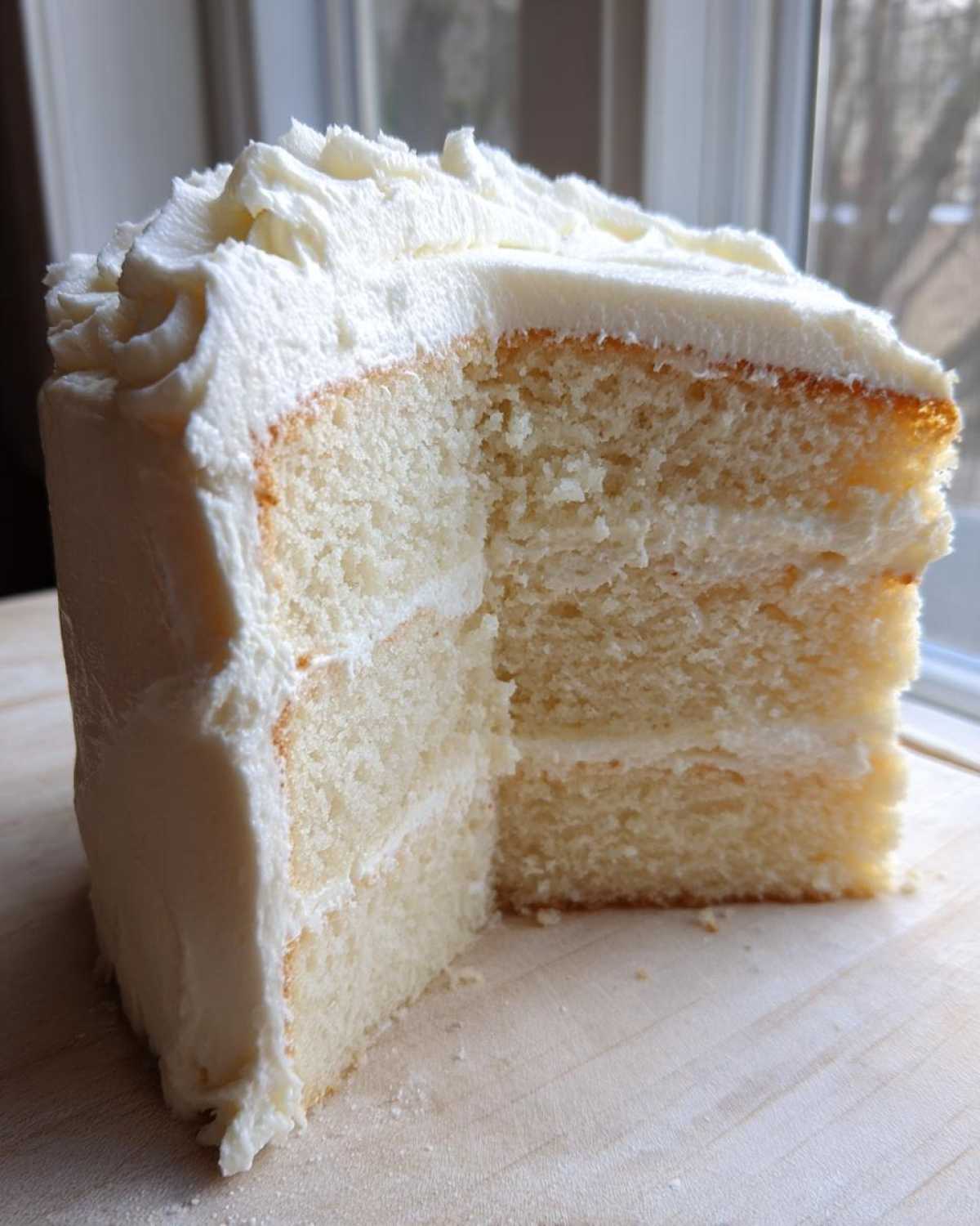A thick slice cut from a layered vanilla cake recipe showing moist crumb and white frosting.