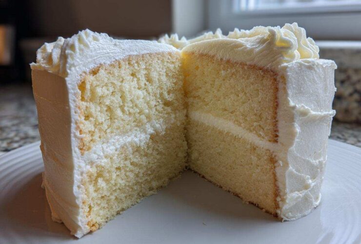 Cross-section of a moist vanilla cake recipe slice showing two layers and white frosting.