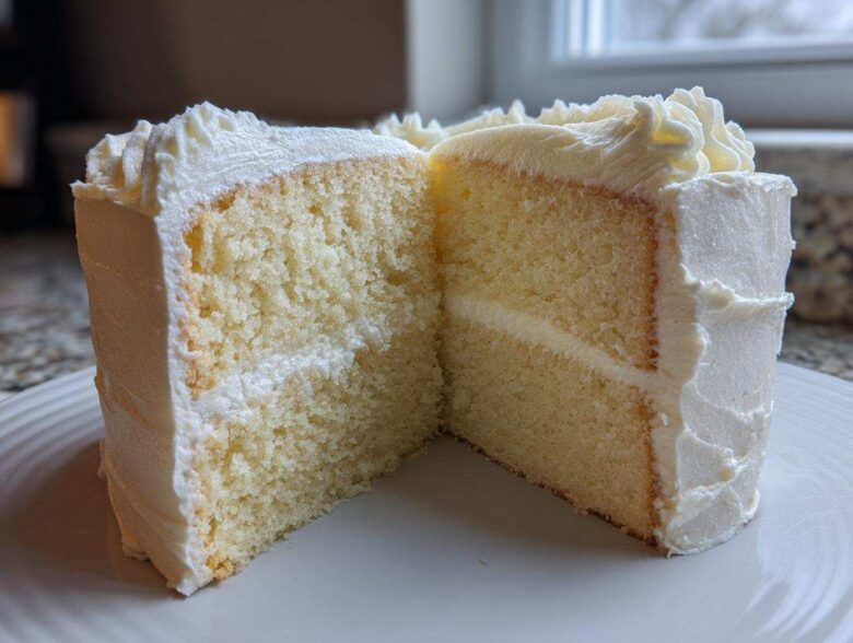 Cross-section of a moist vanilla cake recipe slice showing two layers and white frosting.