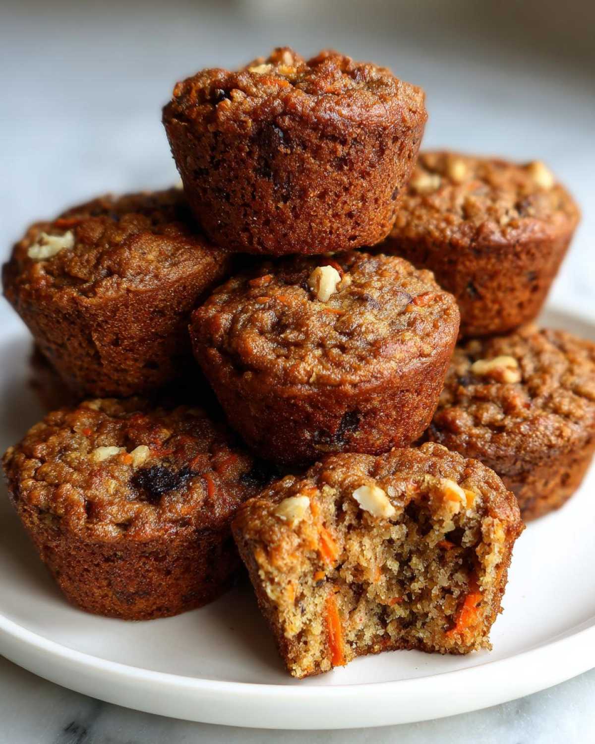 A stack of moist morning glory muffins topped with walnuts, with one muffin broken open showing shredded carrots inside.