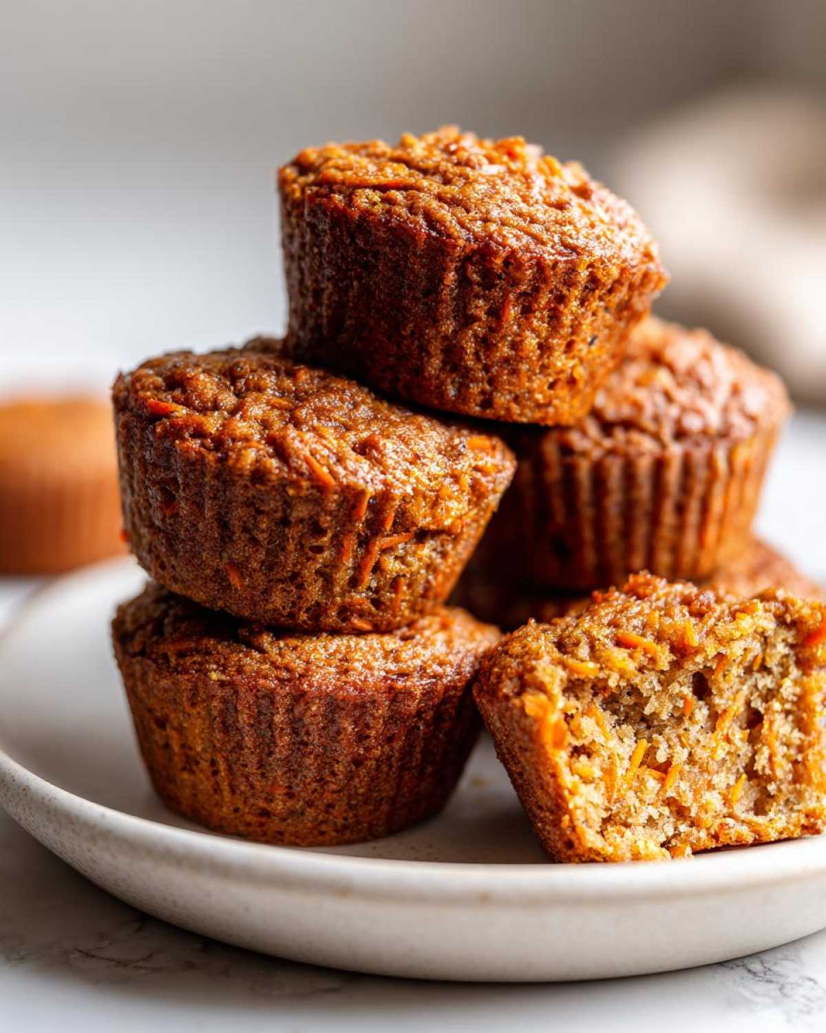 A stack of freshly baked morning glory muffins, one cut open to show shredded carrots inside.