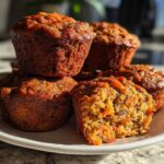 A stack of golden brown morning glory muffins on a white plate, one is cut open showing shredded carrots.