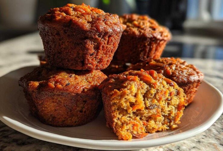 A stack of golden brown morning glory muffins on a white plate, one is cut open showing shredded carrots.