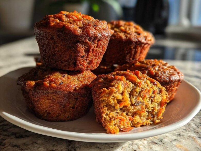 A stack of golden brown morning glory muffins on a white plate, one is cut open showing shredded carrots.