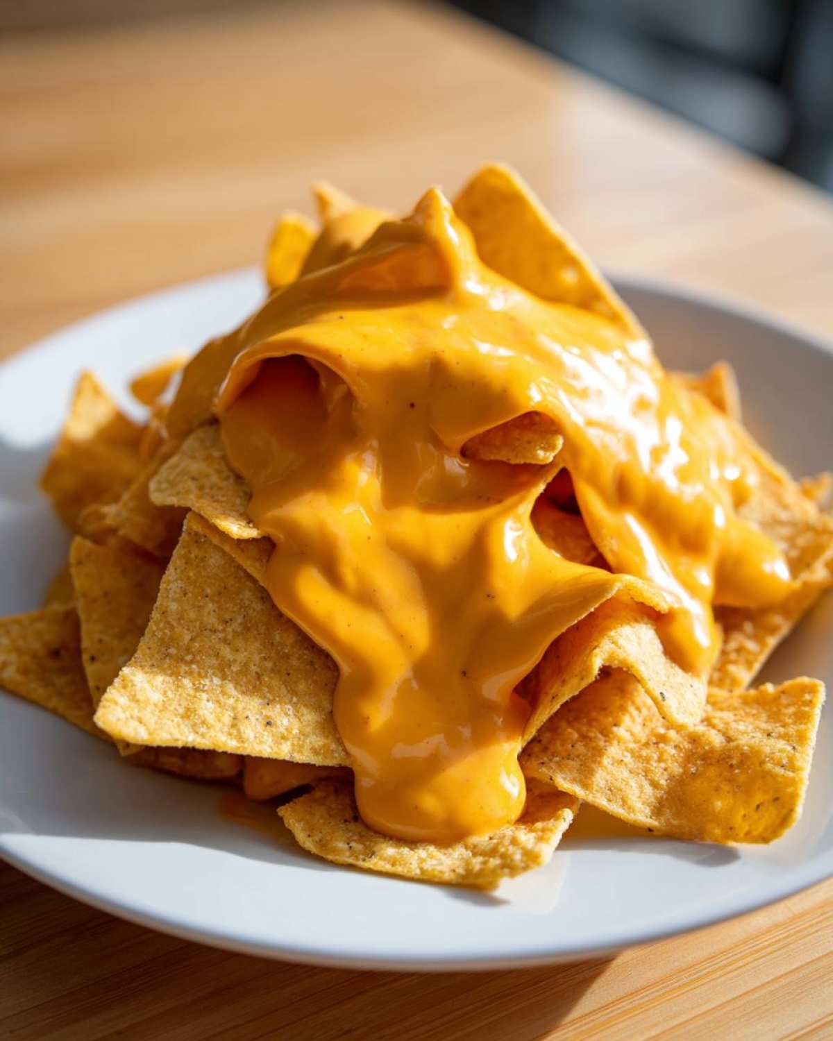 Close-up of crispy tortilla chips smothered in bright orange nacho cheese sauce on a white plate.