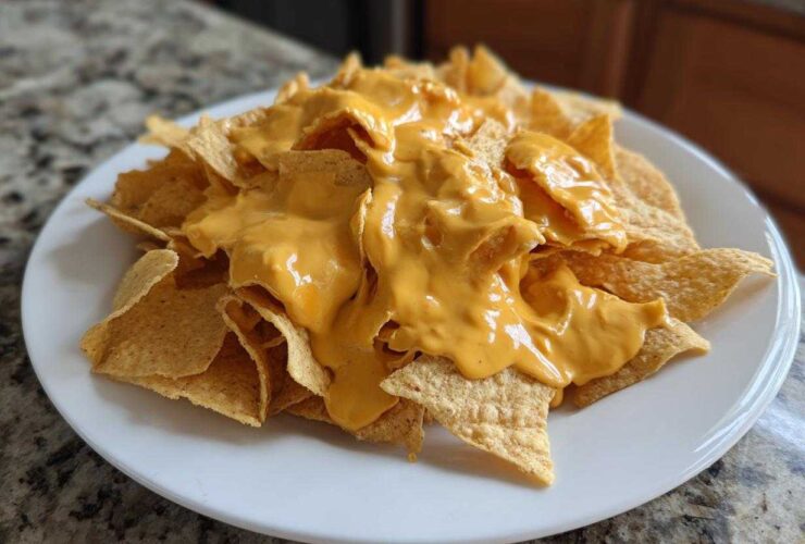 A white plate piled high with tortilla chips generously covered in smooth, bright orange nacho cheese sauce.
