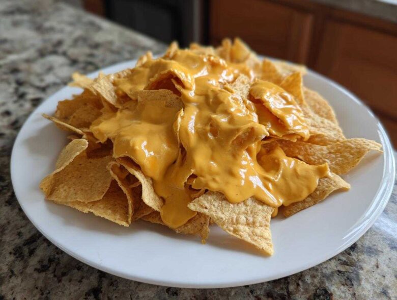 A white plate piled high with tortilla chips generously covered in smooth, bright orange nacho cheese sauce.