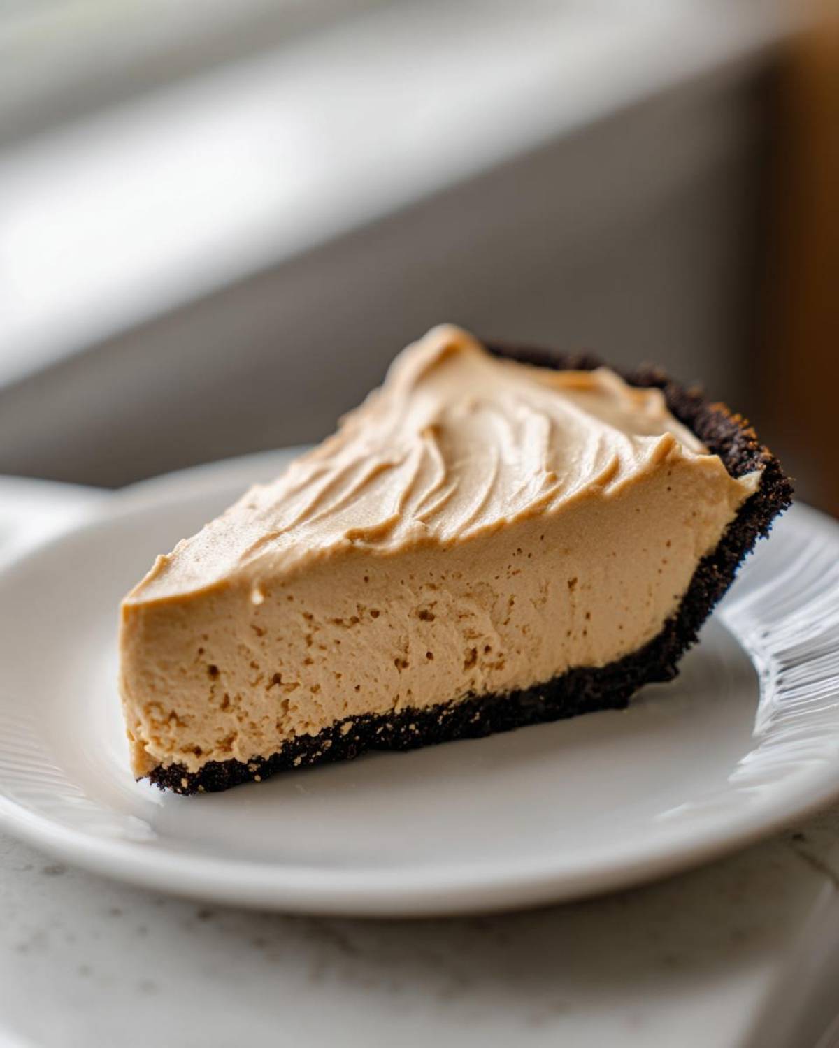 A perfect slice of creamy no-bake peanut butter pie featuring a thick, light brown filling and a dark chocolate cookie crust.