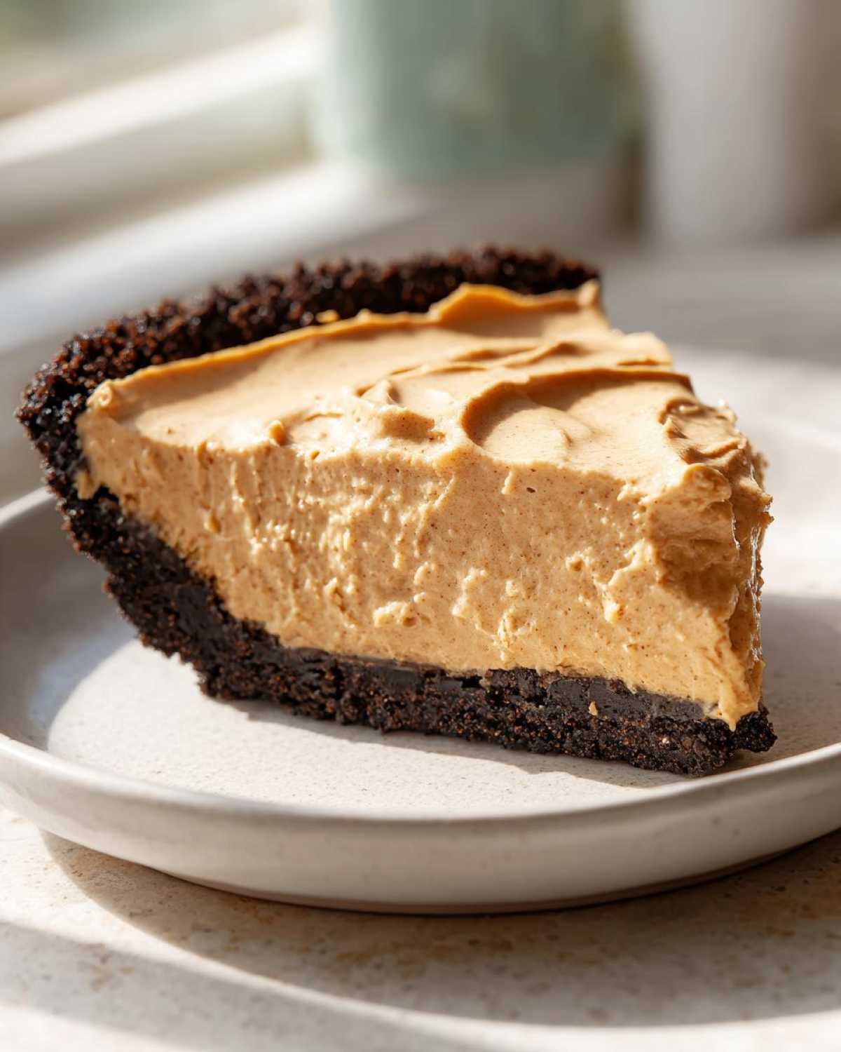 Close-up of a decadent slice of no-bake peanut butter pie featuring a thick, creamy filling and a dark chocolate crumb crust.