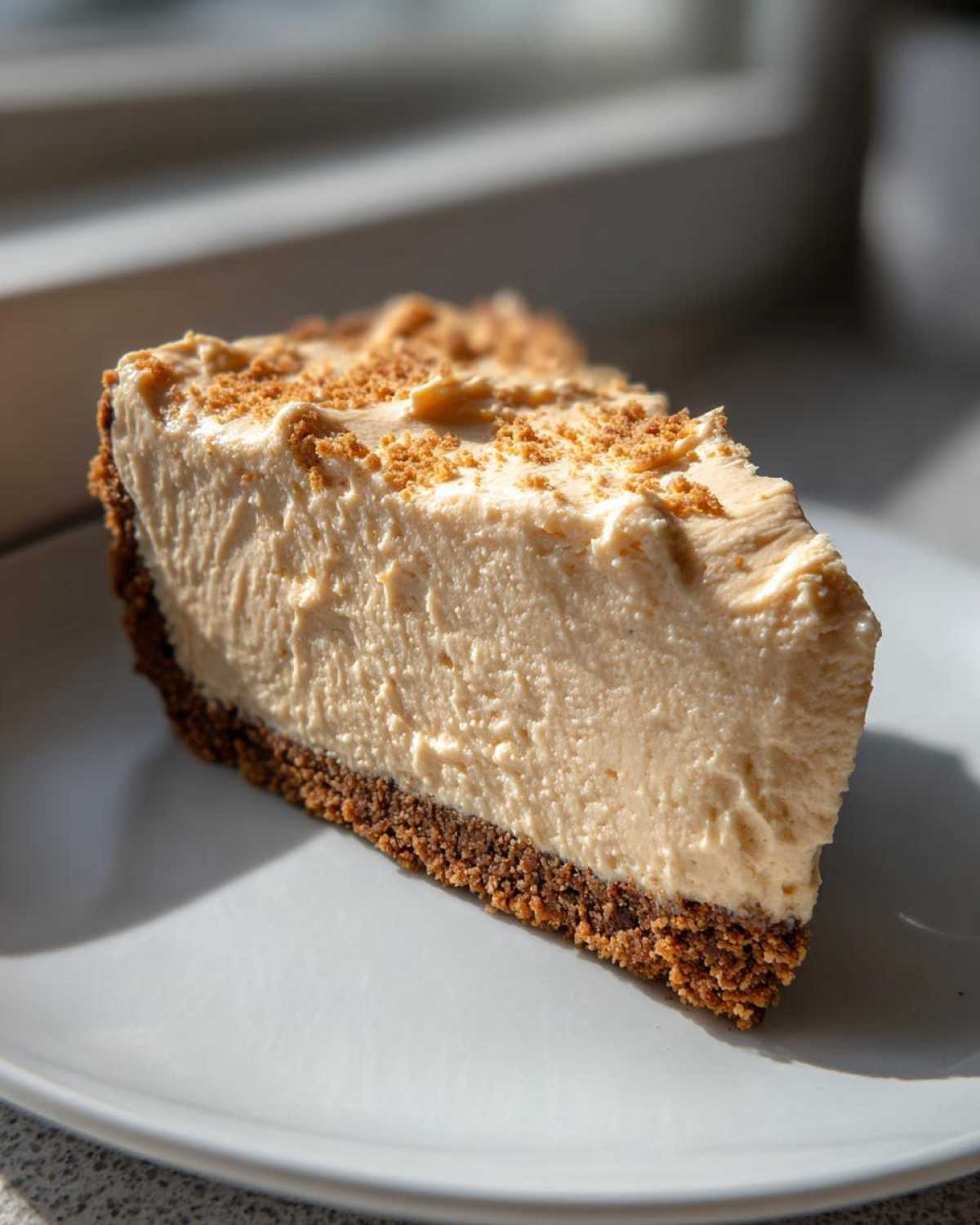 A thick slice of no-bake peanut butter pie showing a creamy filling and dark crust, sprinkled with crumbs.