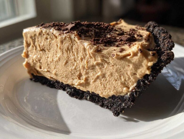 Close-up of a thick slice of no-bake peanut butter pie featuring a creamy filling and dark chocolate crust, topped with chocolate shavings.
