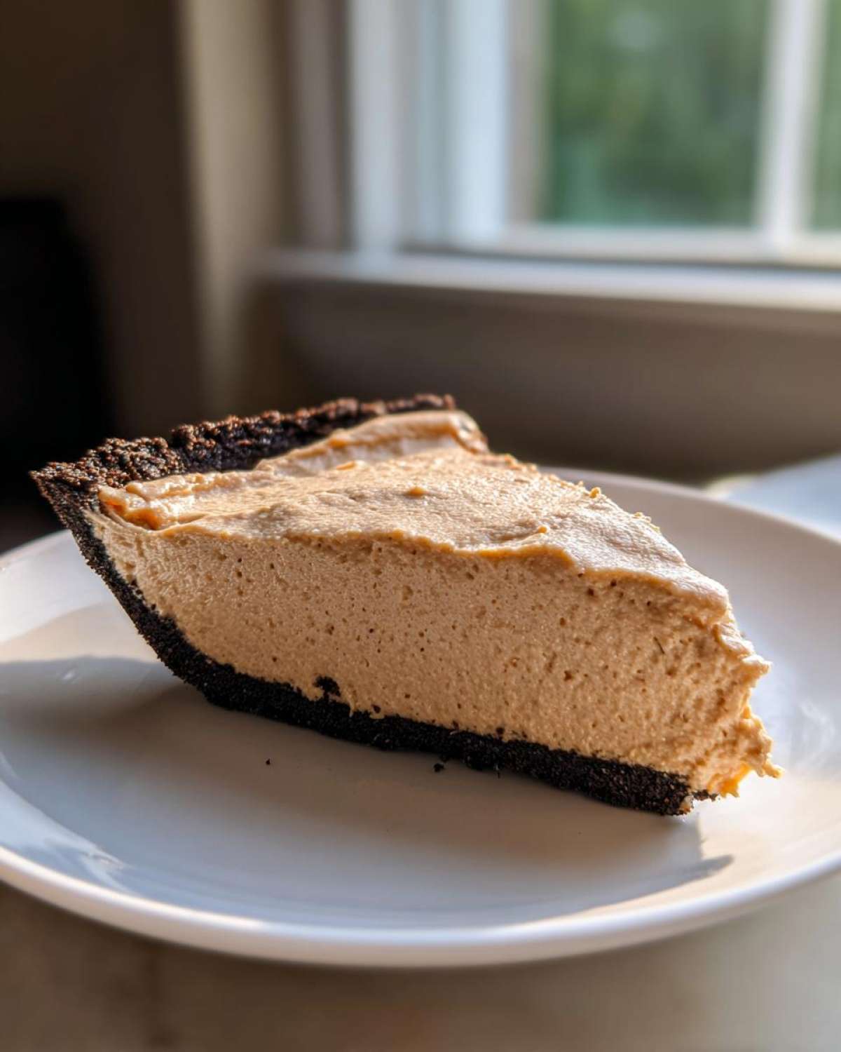 A close-up of a slice of creamy no-bake peanut butter pie with a dark chocolate crust, served on a white plate.